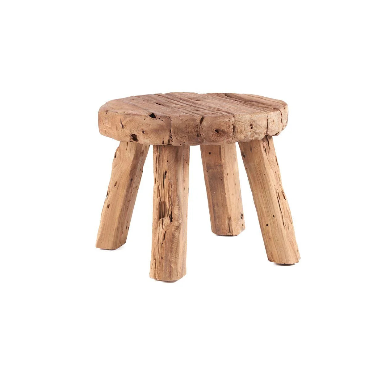 Tabouret bas rond en bois massif naturel artisanal avec siège texturé Ø50 cm