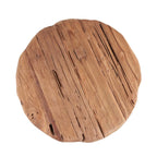 Table en bois massif ronde rustique avec grain visible et imperfections naturelles