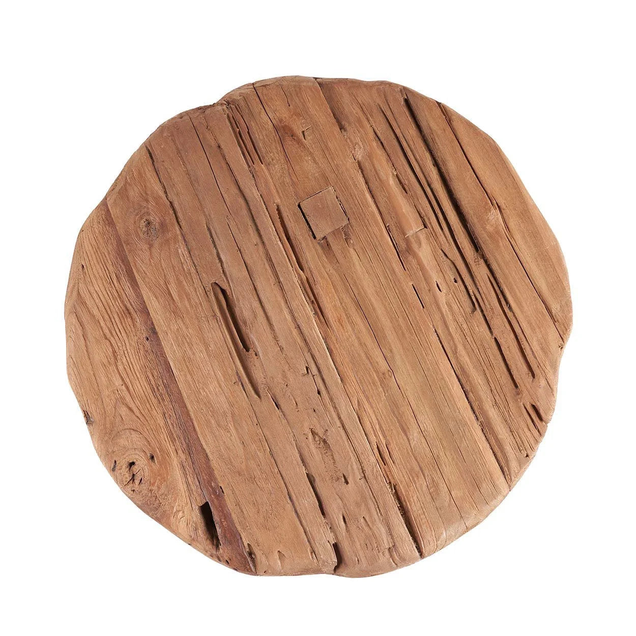 Table en bois massif ronde rustique avec grain visible et imperfections naturelles