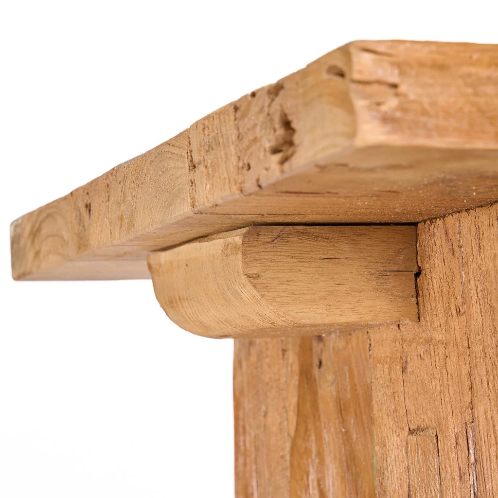Coin de table en teck massif ajouré rustique, grain visible, 40x40 cm