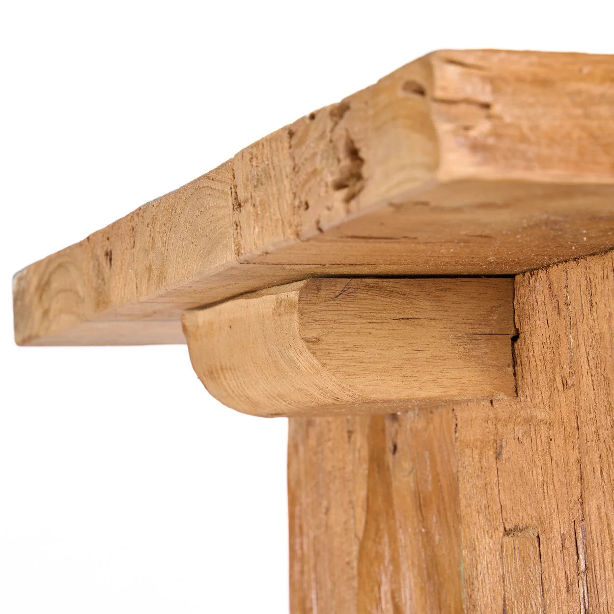 Coin de table en teck massif ajouré rustique, grain visible, 40x40 cm