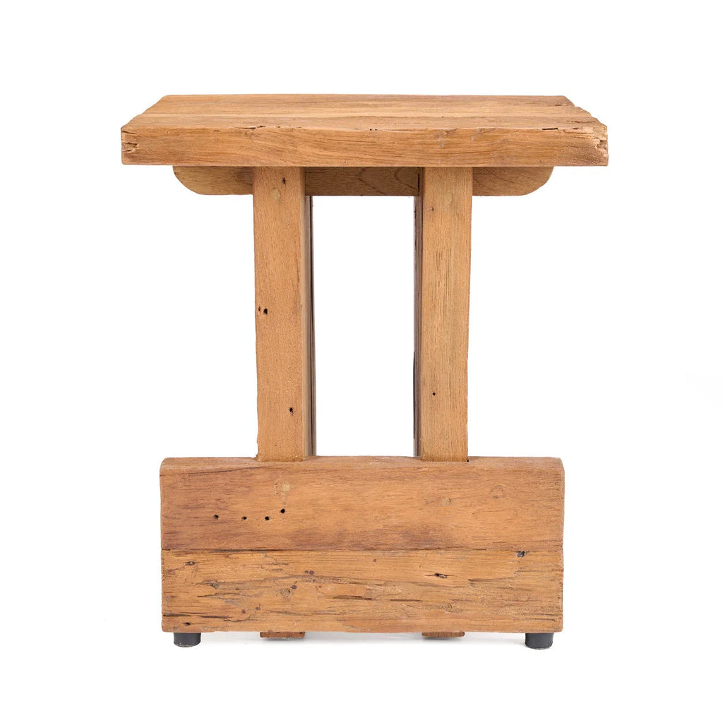 Tabouret bloc en teck massif ajouré 40x40 cm, bois teck brun clair rustique patiné