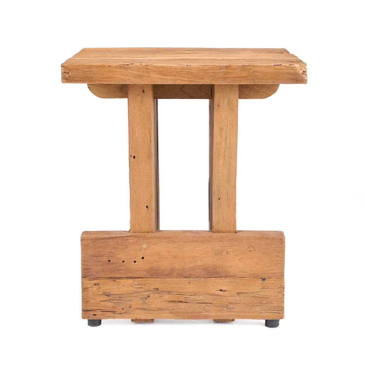 Tabouret bloc en teck massif ajouré 40x40 cm, bois teck brun clair rustique patiné