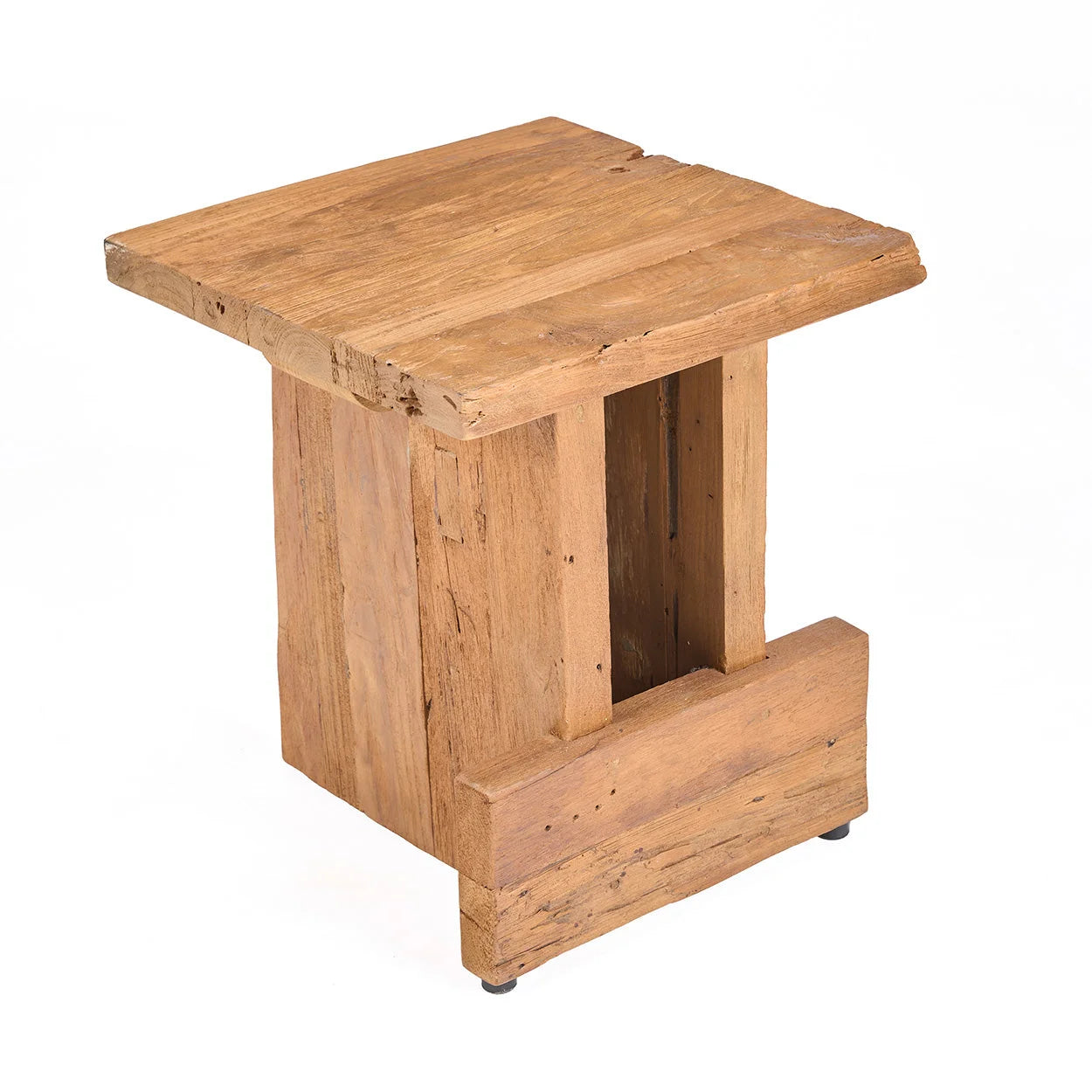 Tabouret bloc en teck massif ajouré 40x40 cm, bois brun rustique à grain visible