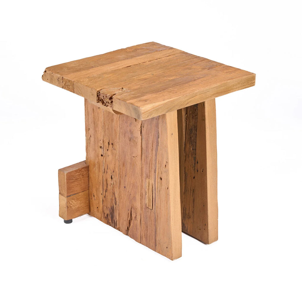 Tabouret bloc en teck massif ajouré 40x40 cm rustique en bois récupéré