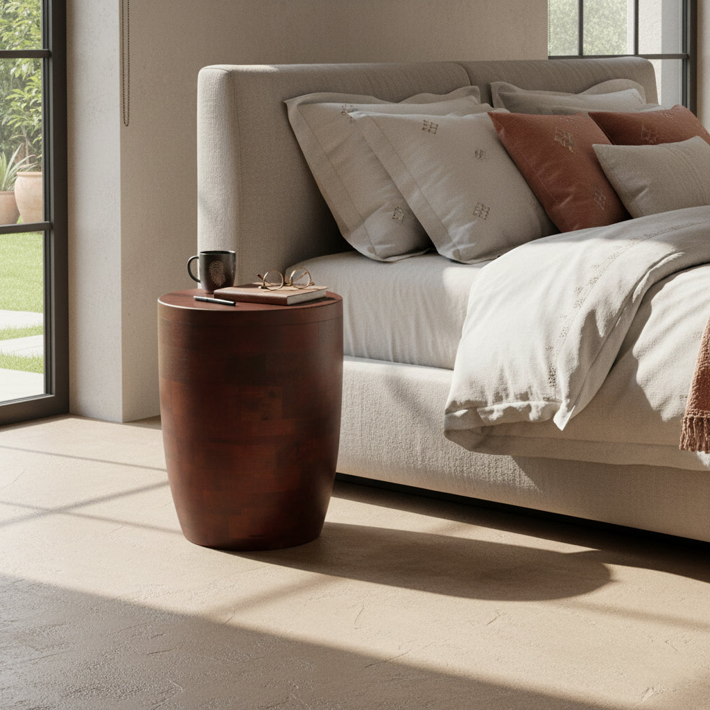 Tabouret en bois de manguier brun forme tambour Ø35xH45 cm