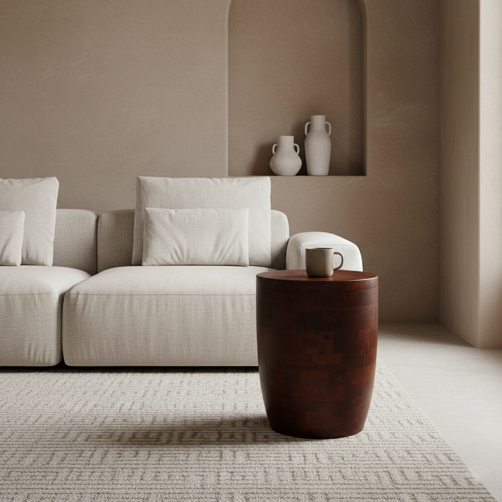 Tabouret en bois de manguier brun forme tambour Ø35xH45 cm