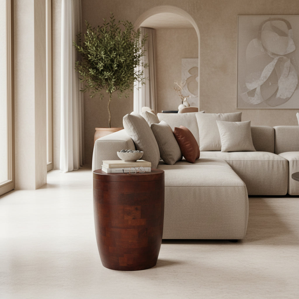 Tabouret en bois de manguier brun forme tambour Ø35xH45 cm