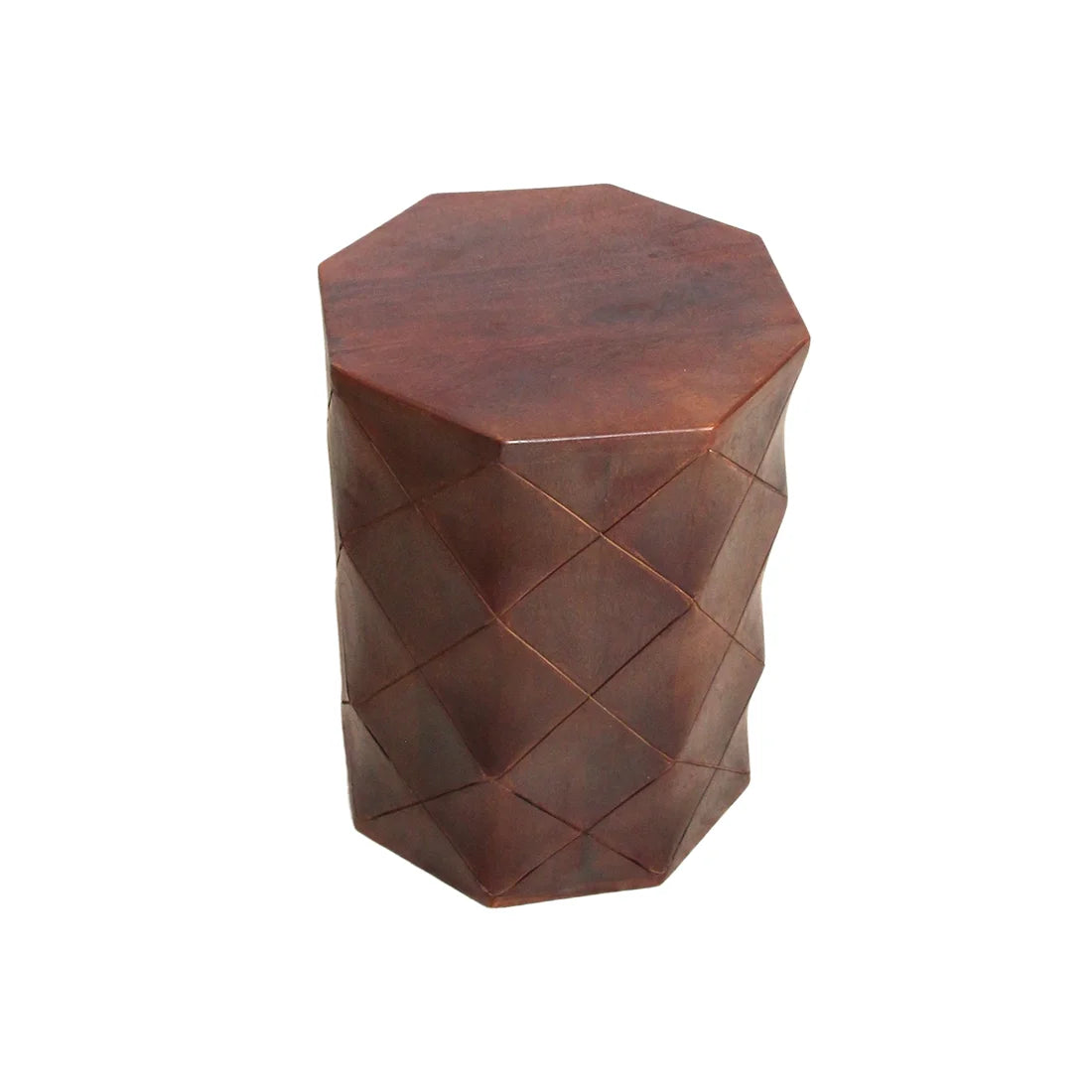 Tabouret en bois de manguier effet cuir brun à motif losange H45 cm