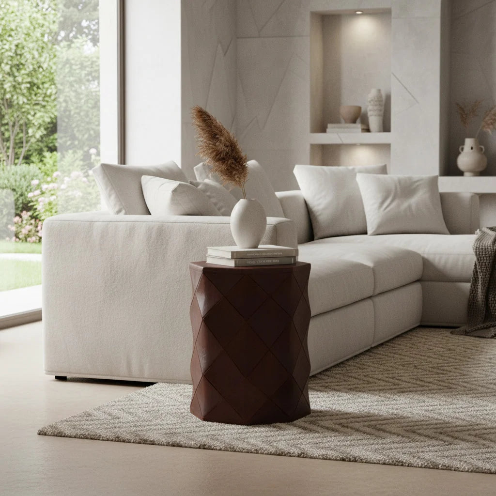 Tabouret en bois de manguier effet cuir brun à motif losange H45 cm