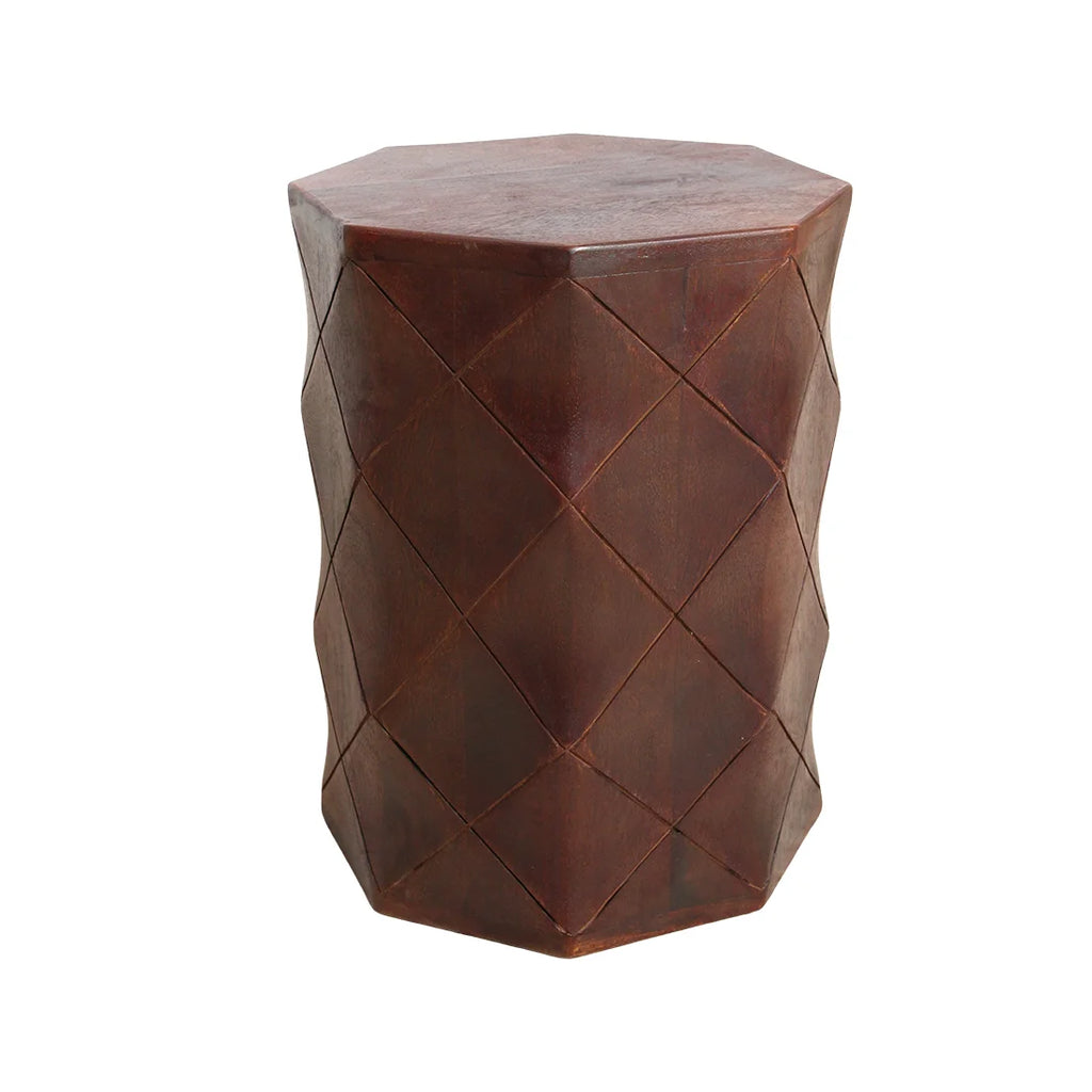 Tabouret en bois de manguier effet cuir brun motif losange H45 cm