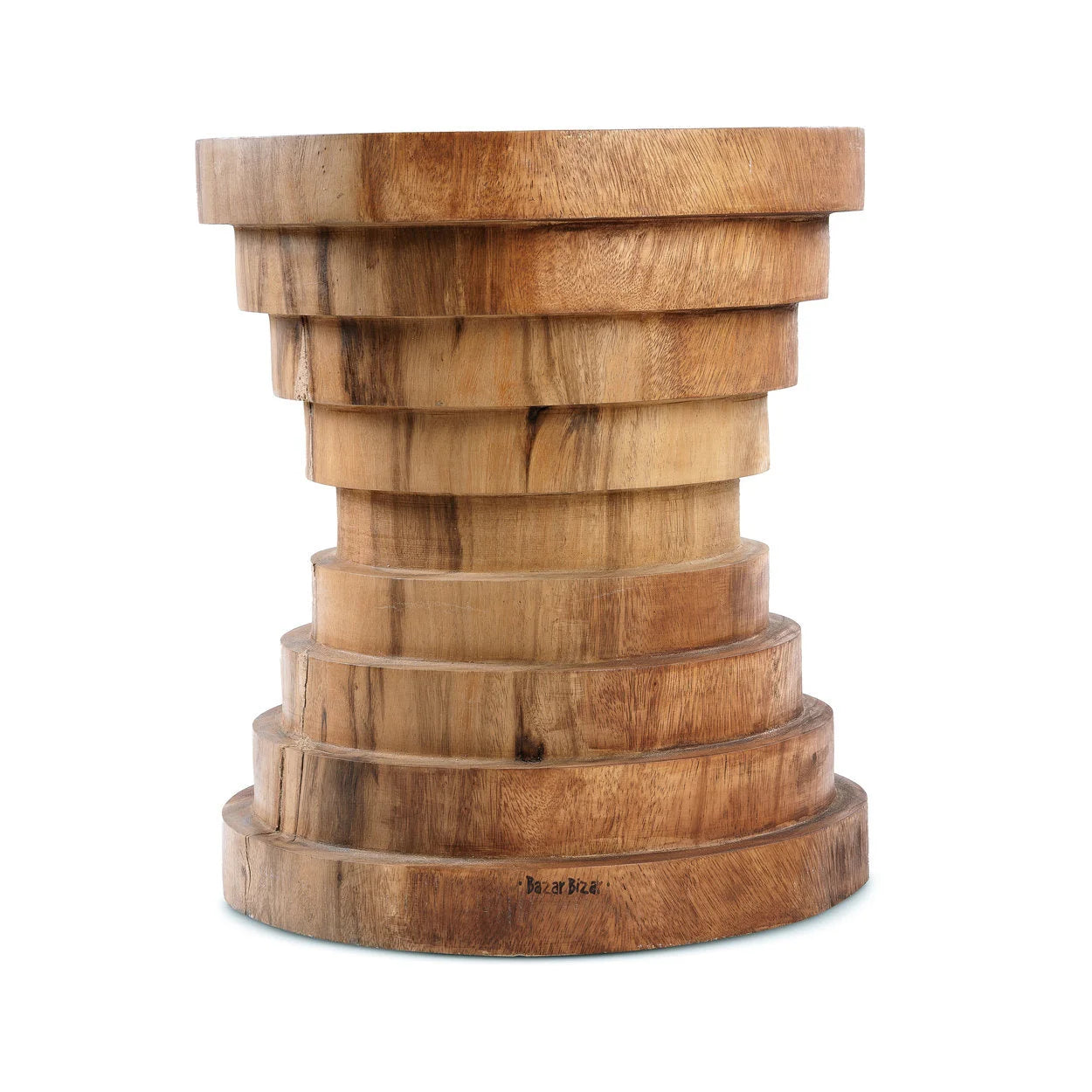 Tabouret en bois de Suar naturel en forme d’horloge cylindrique empilée H45 cm