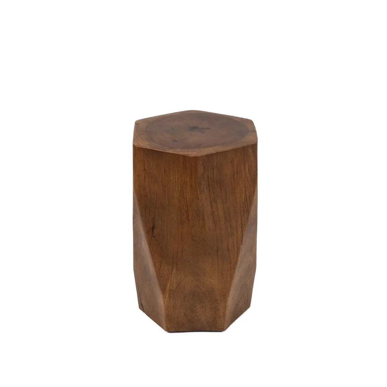 Tabouret en bois de Suar naturel en forme géométrique hexagonale 46 cm
