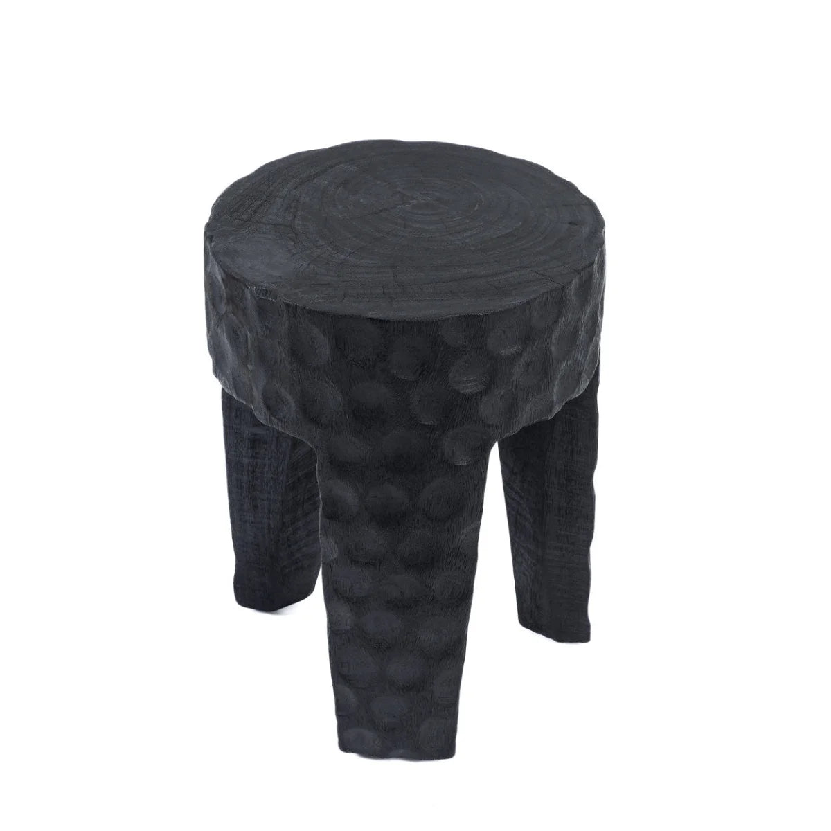 Tabouret en bois de suar noir effet martelé cylindrique – H45 cm