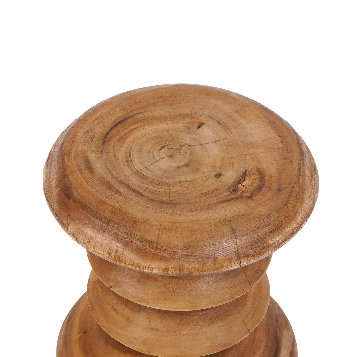 Tabouret en bois de teck massif forme sablier naturel avec dessus arrondi, H45 cm