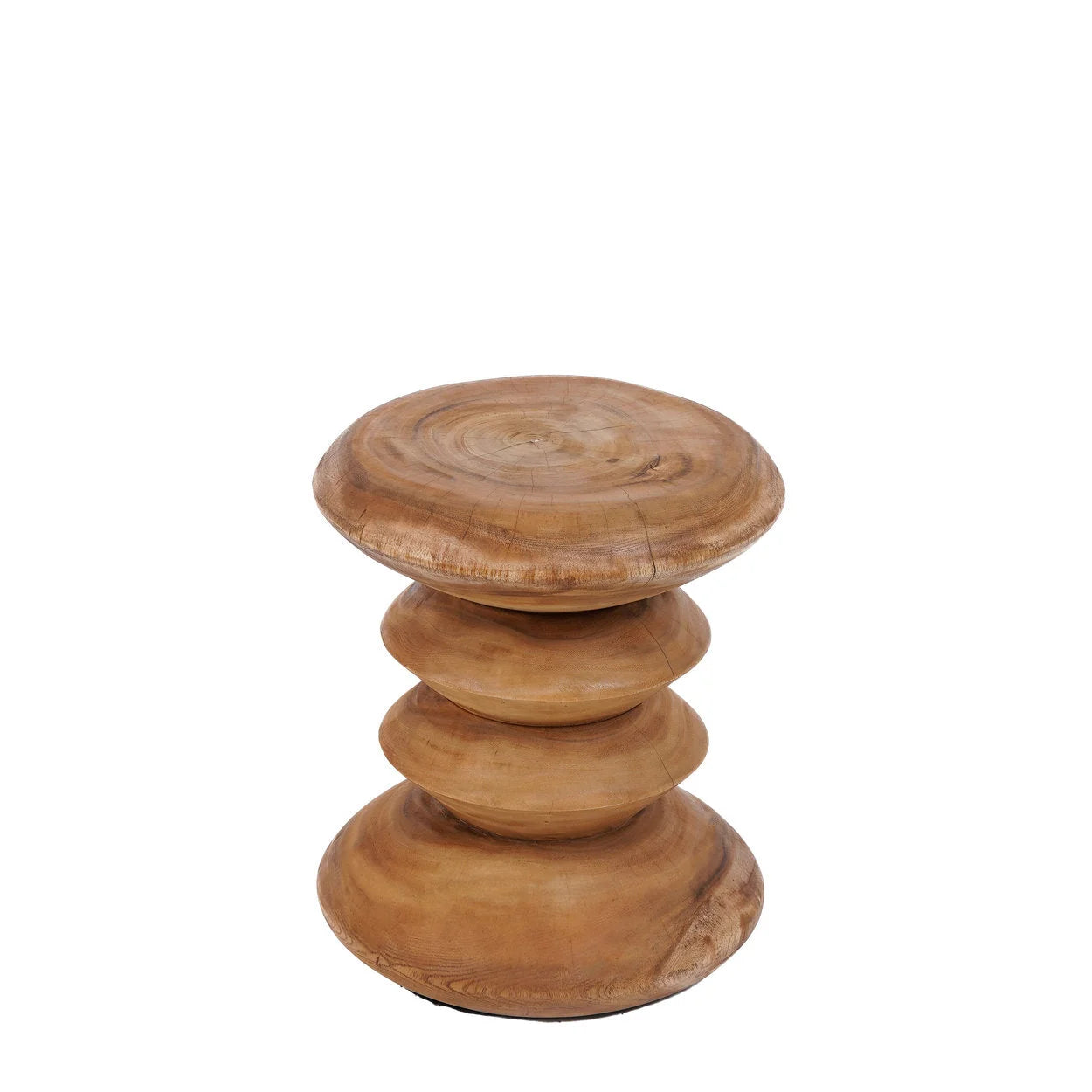 Tabouret en bois de teck massif forme sablier naturel avec segments arrondis