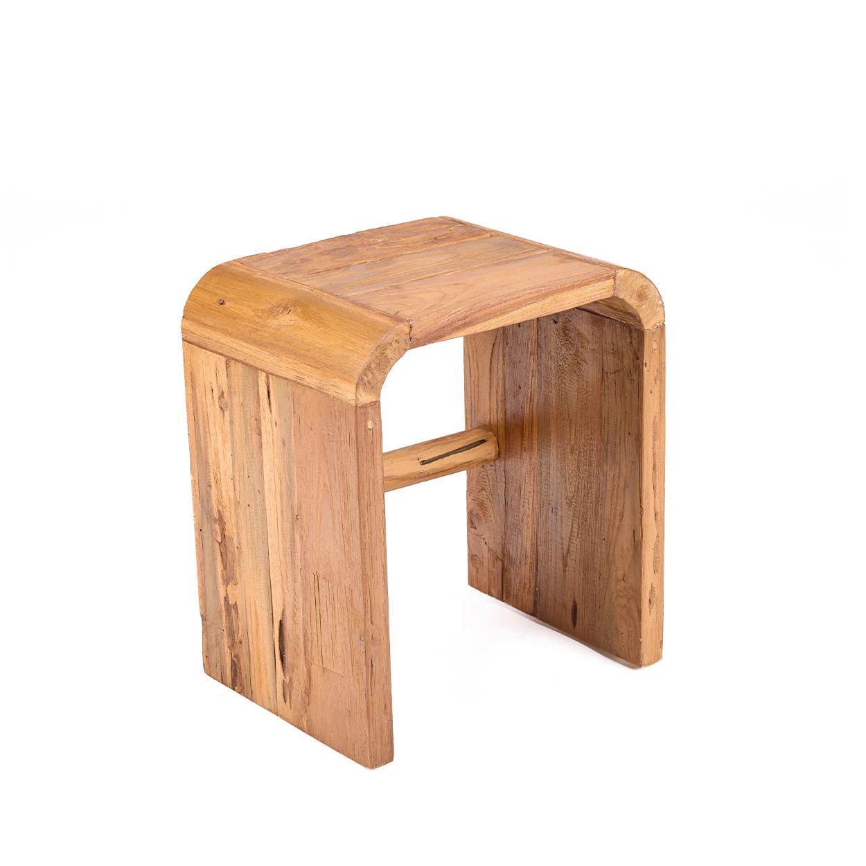 Tabouret d’appoint teck naturel courbes douces, 30x40 cm, vue rustique