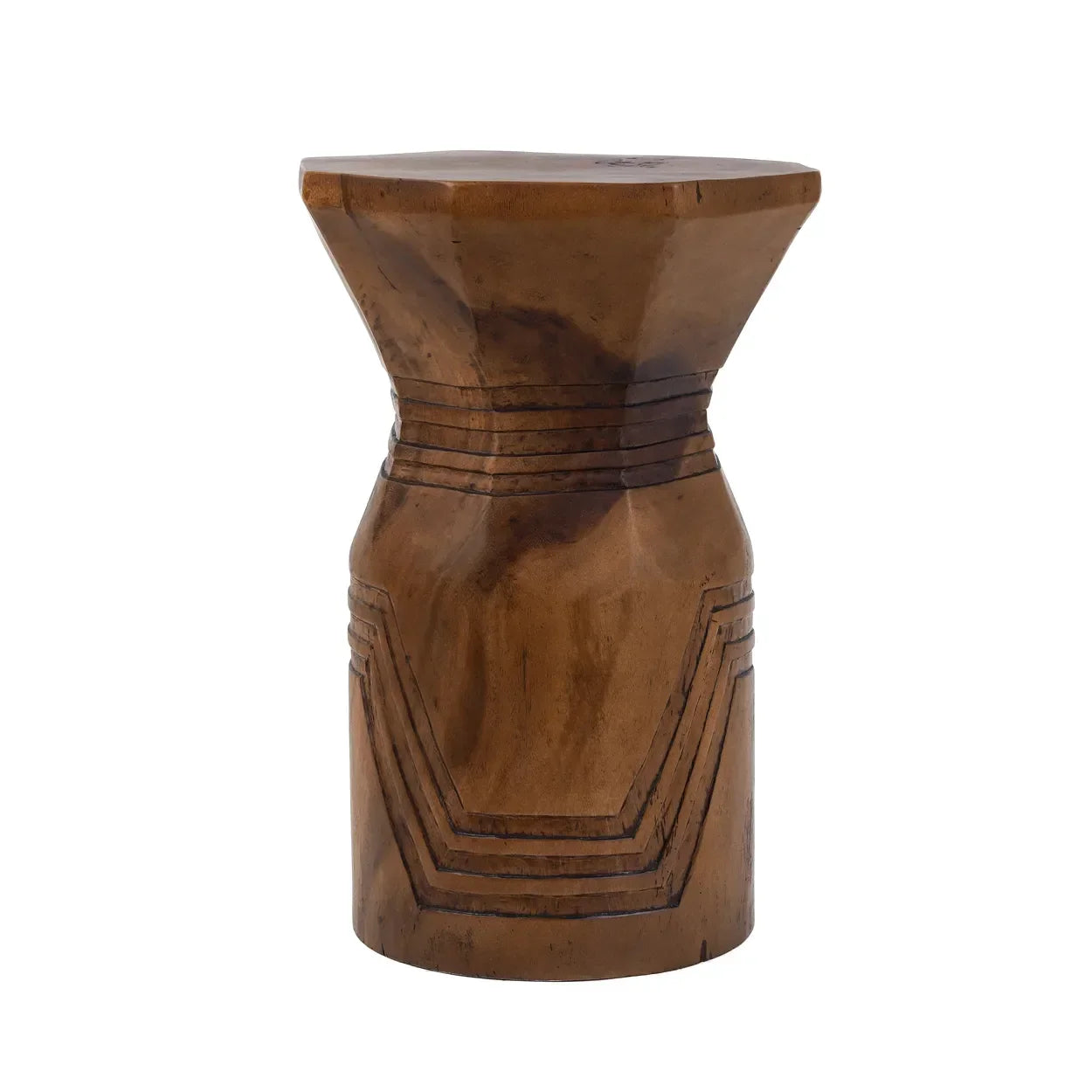 Tabouret géométrique en bois de Suar naturel avec détails sculptés, hauteur 60 cm