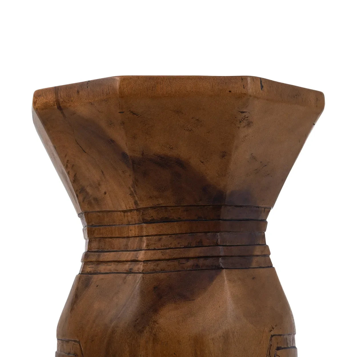 Tabouret géométrique en bois de Suar naturel 60 cm avec détails sculptés brown