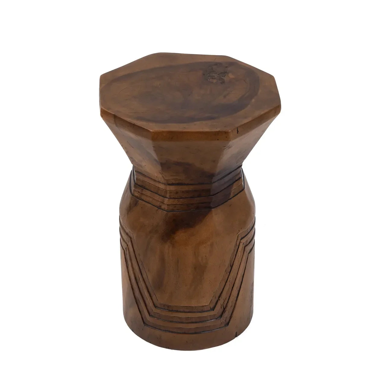 Tabouret géométrique en bois de Suar naturel, octagonal, 60 cm de hauteur