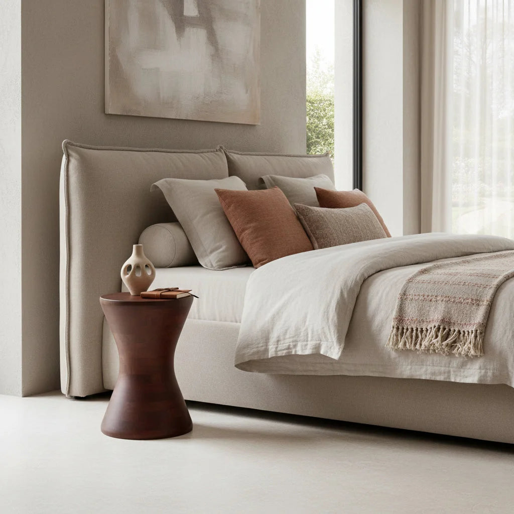 Lit de beige capitonné avec dossier matelassé et coussins neutres