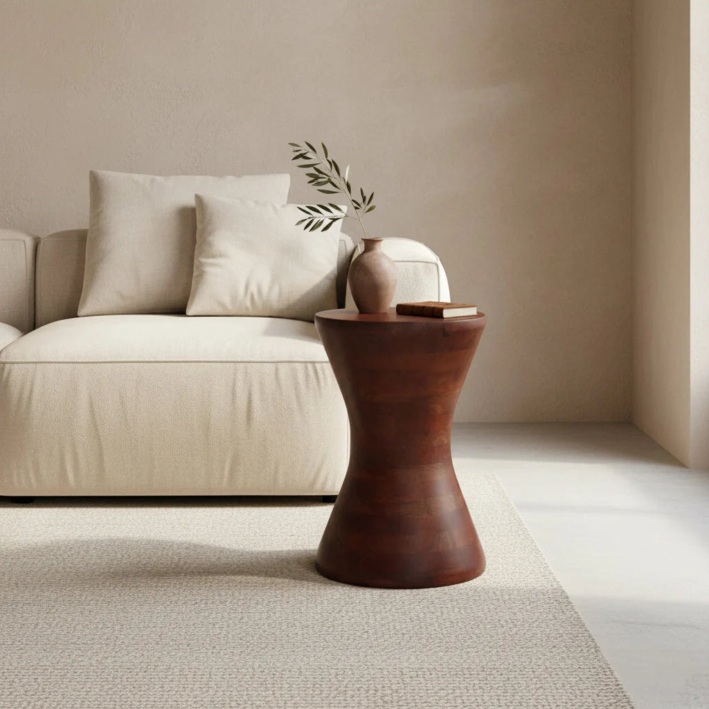 Table d’appoint en manguier brun forme sablier H45 cm