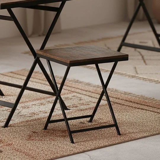 Tabouret pliant industriel bois recyclé brun et métal noir 30x30x45 cm