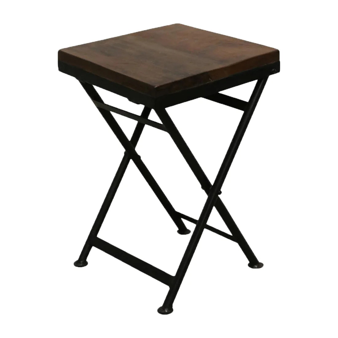 Tabouret pliant industriel en bois recyclé brun et métal noir, vue arrière 30x30x45 cm