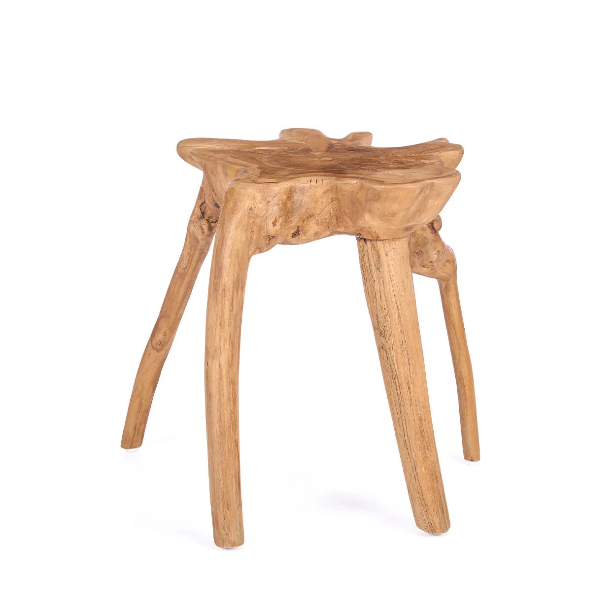 Tabouret racine teck organique naturel H45 cm pour salon, vue naturelle
