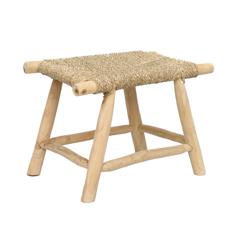 Tabouret rectangulaire en herbe de mer et bois naturel pour intérieur – 60x38 cm