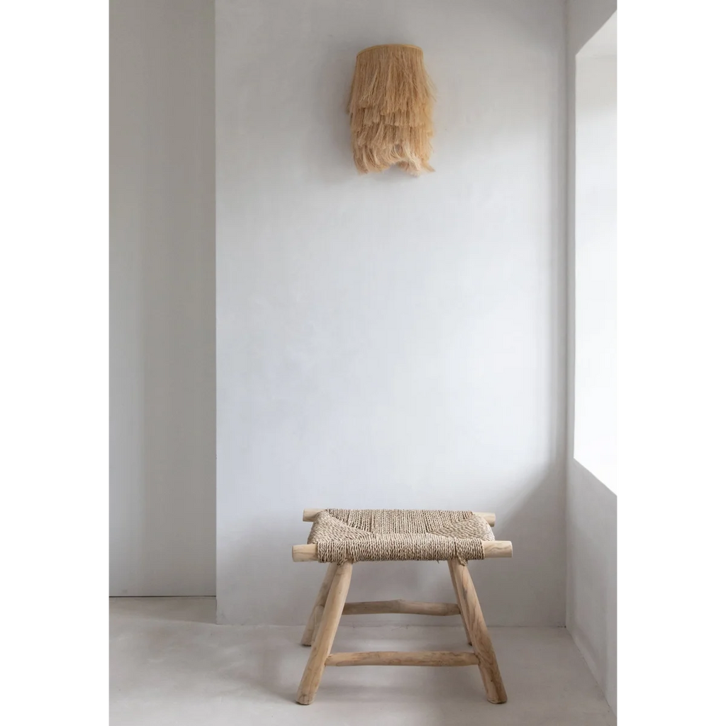 Tabouret rectangulaire en herbe de mer et bois naturel, 60x38 cm