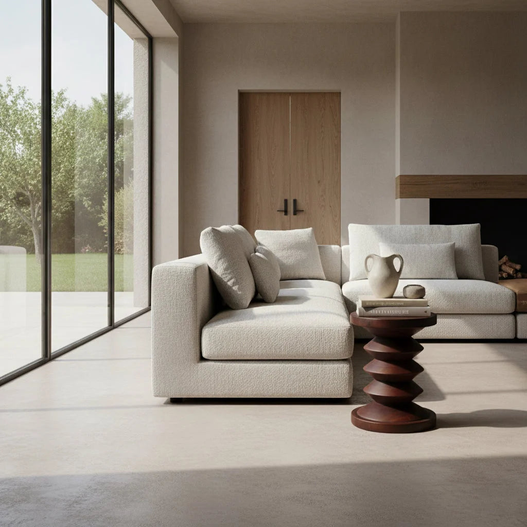 Canapé sectionnel en tissu beige texturé avec coussins et table en bois sculpté