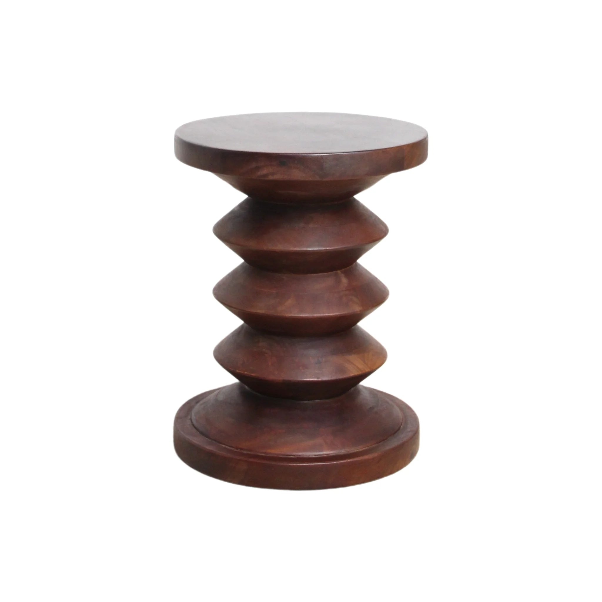 Table d’appoint ronde sculptée en bois de manguier brun foncé, H45 cm