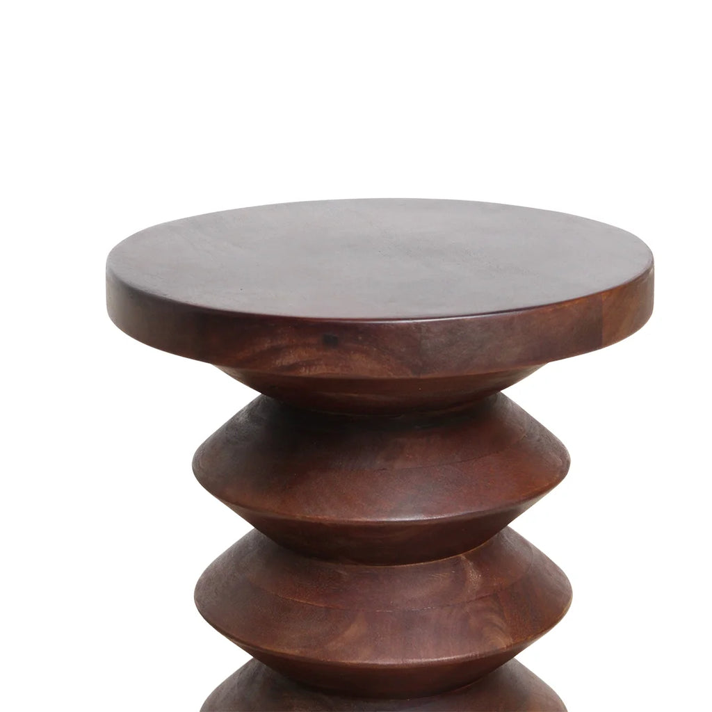 Tabouret rond sculpté en bois de manguier brun foncé, H45 cm