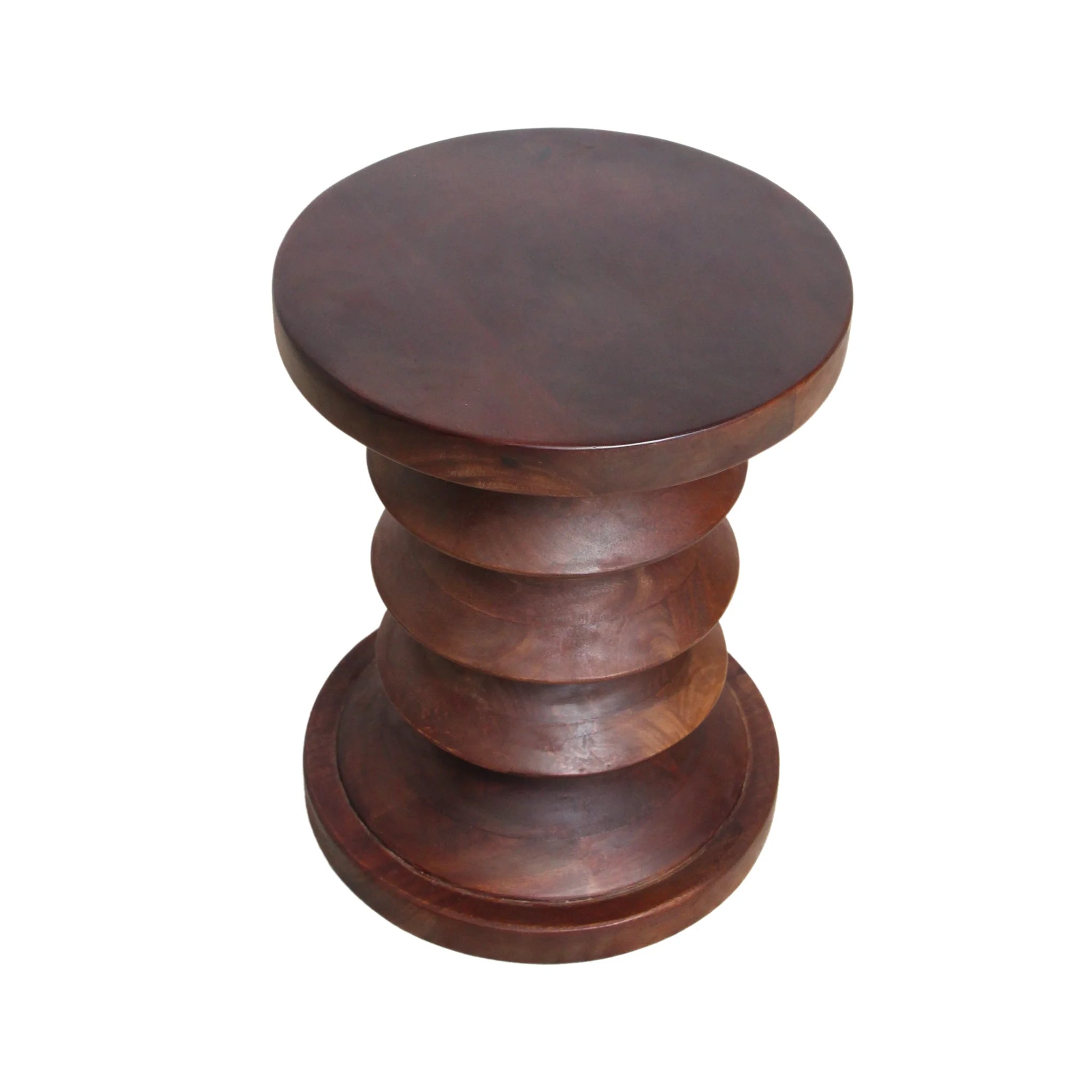 Tabouret rond sculpté en bois de manguier brun foncé H45 cm