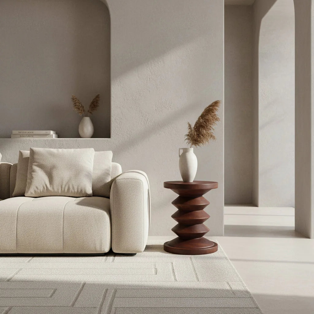 Table basse ronde sculptée en bois de manguier brun foncé H45 cm