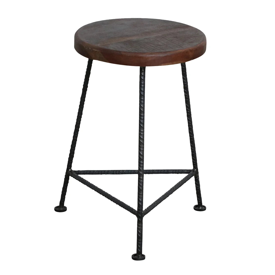 Tabouret rond en bois recyclé foncé et métal noir torsadé industriel, H48 cm