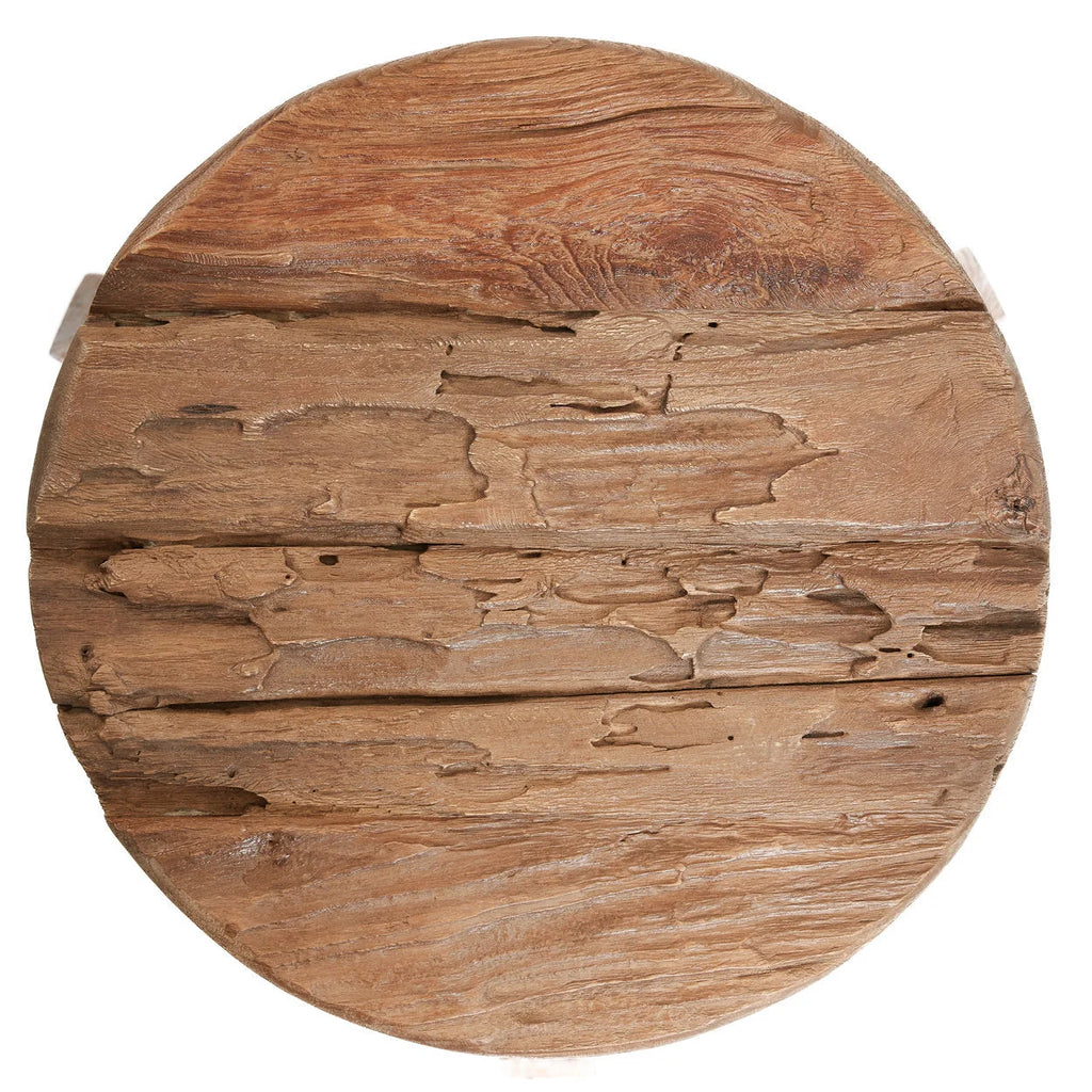 Tabouret rond en bois de teck recyclé finition brute – Ø37 cm