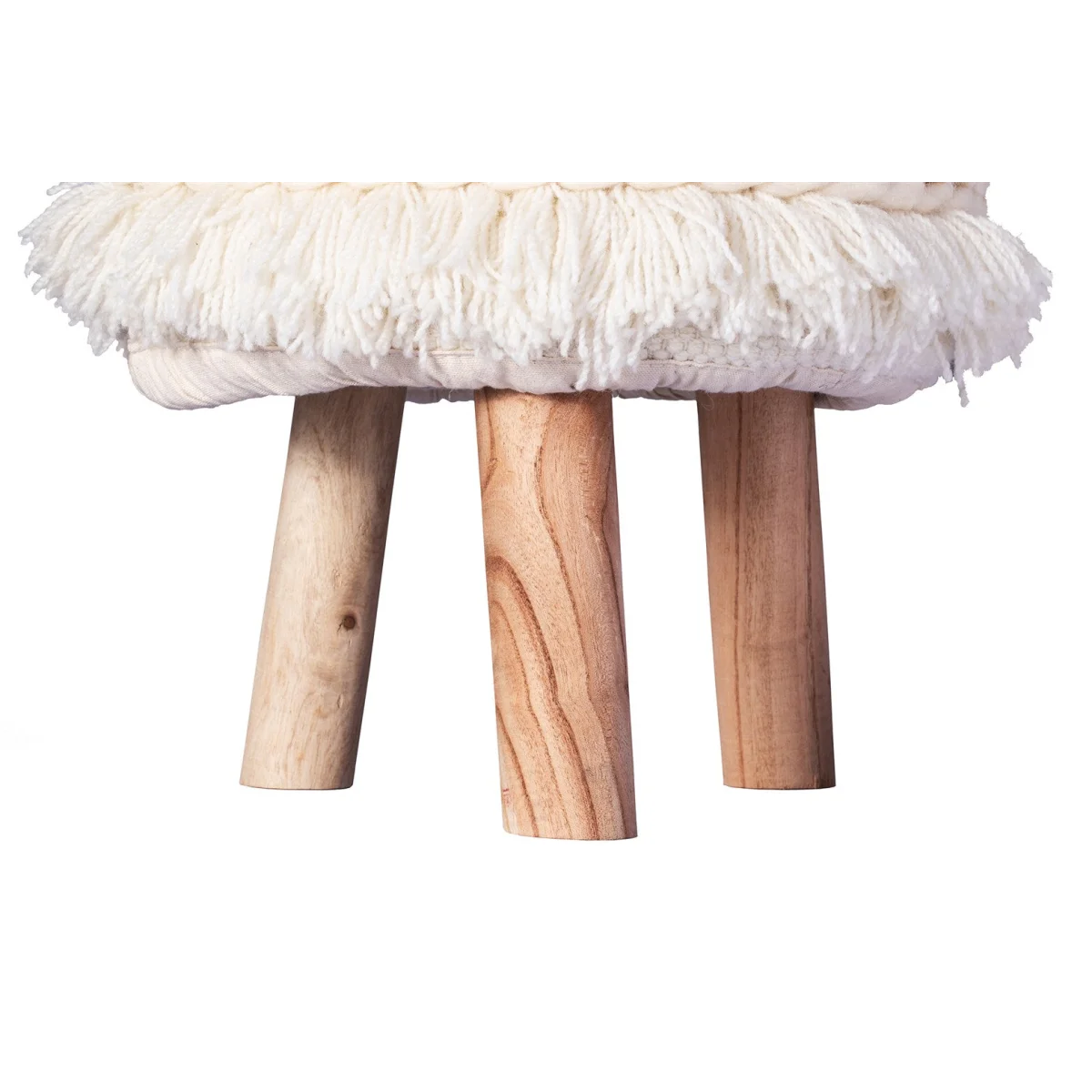Ottoman rond crème en laine tissée avec franges et pieds en bois naturel H50 cm