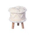 Pouf rond crème en laine tissée avec franges, accents dorés et pieds en bois naturel