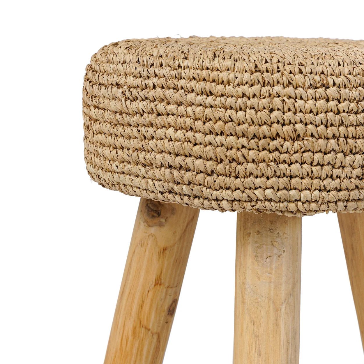 Tabouret rond en fibres tressées et bois naturel pour salon ou chambre – H45 cm
