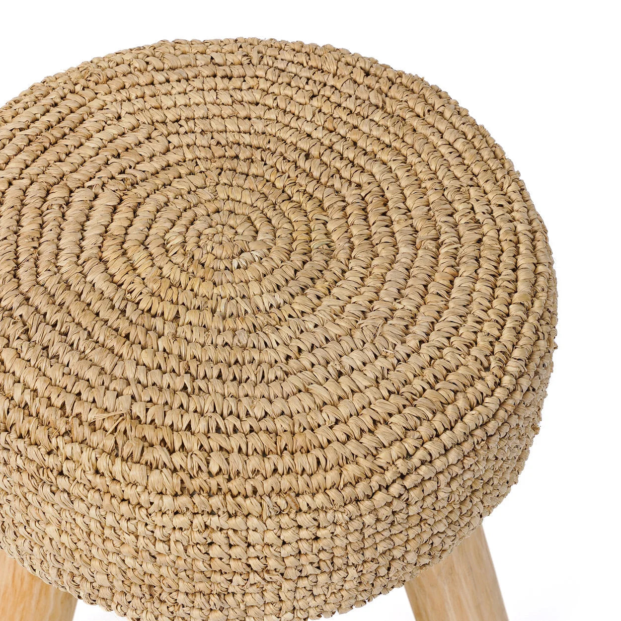 Tabouret rond en fibres tressées et bois naturel pour salon ou chambre – H45 cm