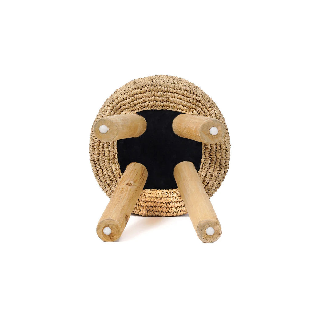 Tabouret rond en fibres tressées et bois naturel pour salon ou chambre – H45 cm