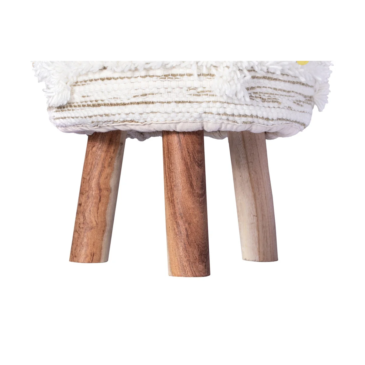 Tabouret rond en laine crème et kaki avec pieds en bois sculpté, hauteur 50 cm