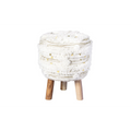 Tabouret rond en laine crème et kaki avec franges, accents dorés et pieds en bois sculpté