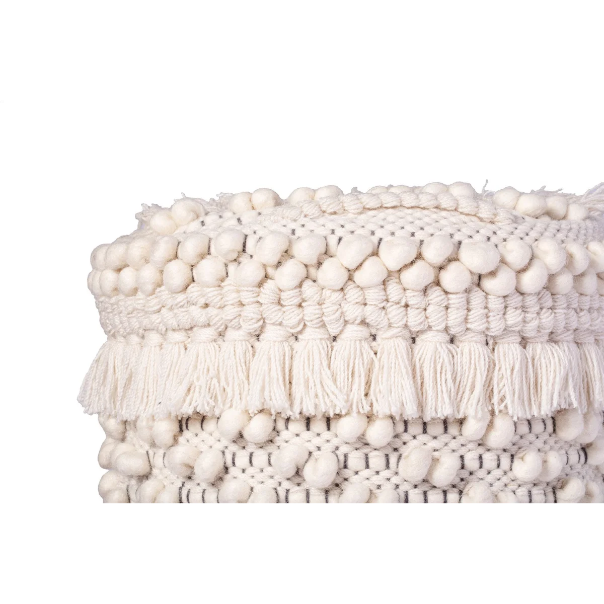 Pouf rond en laine écrue avec tassels et pompons sur pieds en bois clair