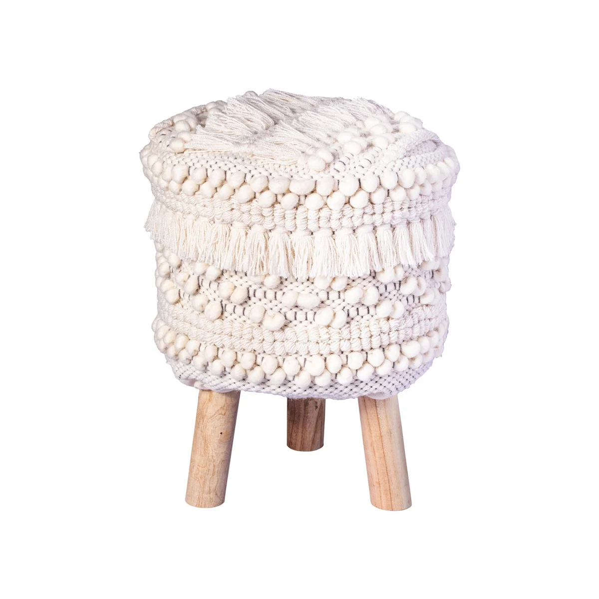 Pouf rond en laine écrue style bohème avec pieds en bois clair H50 cm