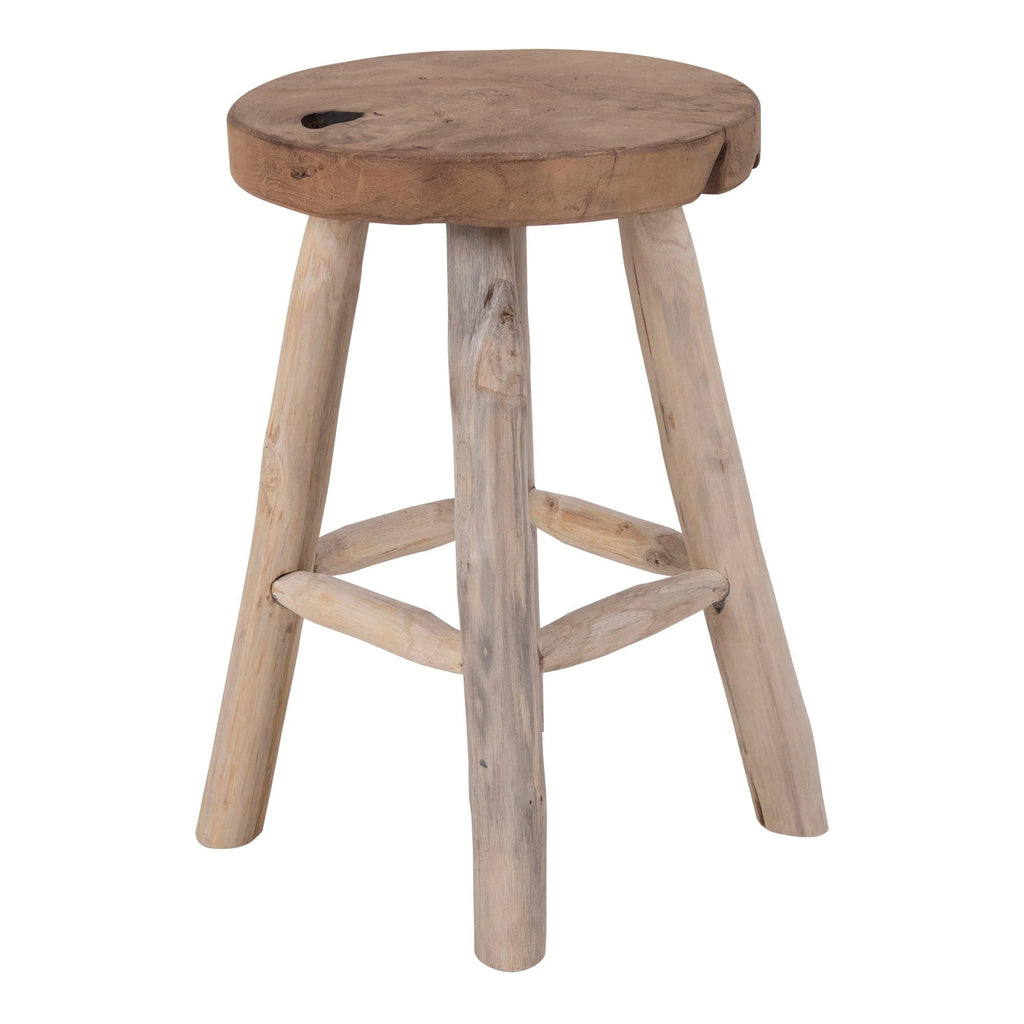 Tabouret rond en teck massif naturel avec nœuds apparents, style rustique, Ø30x45 cm