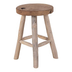 Tabouret rond en teck massif naturel avec nœuds apparents, style rustique, Ø30x45 cm