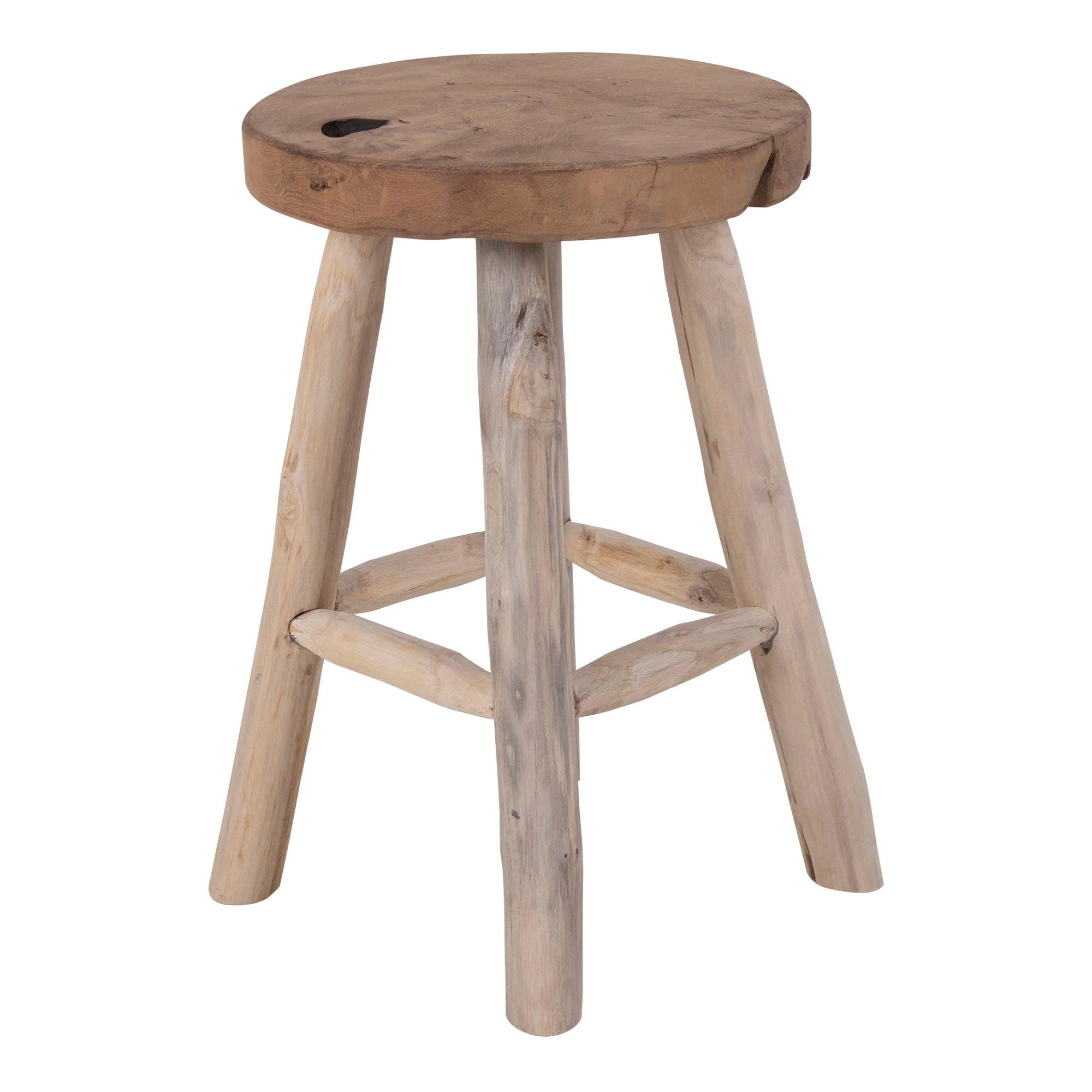Tabouret rond en teck massif naturel avec nœuds apparents, style rustique, Ø30x45 cm